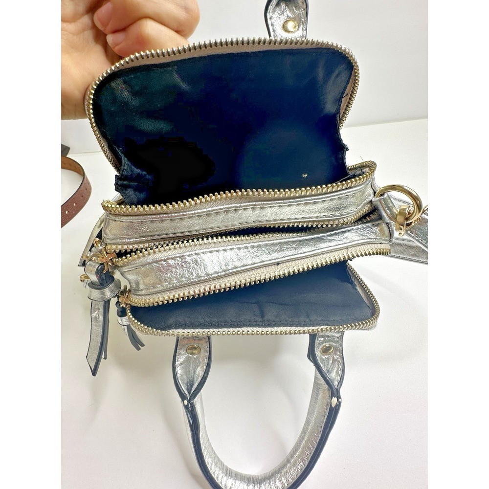 Free People Silver Leather Crossbody Purse Multi pocket Mini Top Handles - Picture 9 of 14
